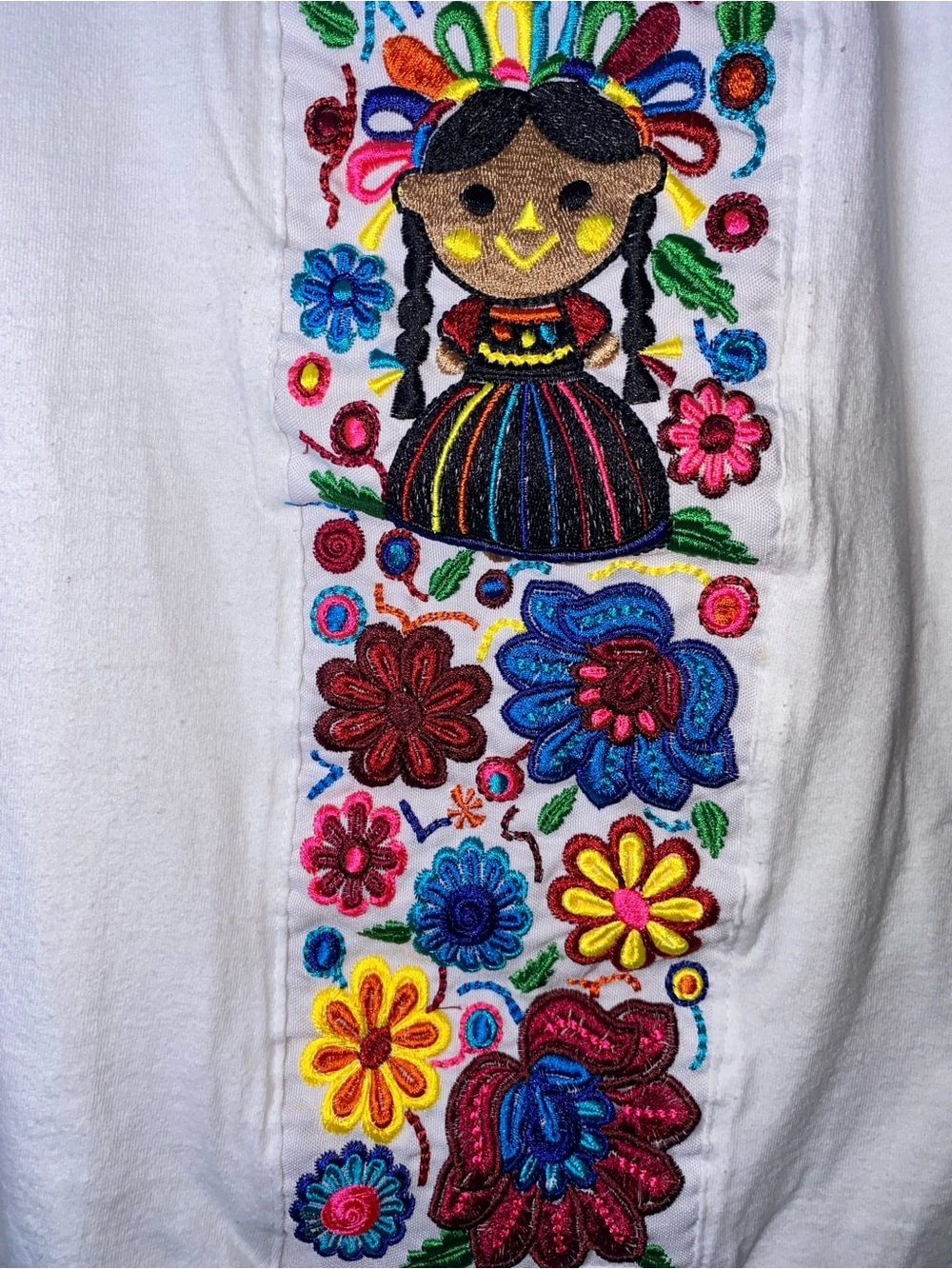 Mexican Embroidered Doll T-Shirt Floral Folk Art Short Sleeve Tee White STAINS - Picture 5 of 8